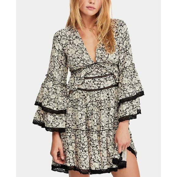 Free People Black Cream Kristall Mini Tiered Backless Dress Large NWT - Picture 1 of 7